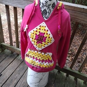 GreenTea Pink Hoodie with Granny Square Accents